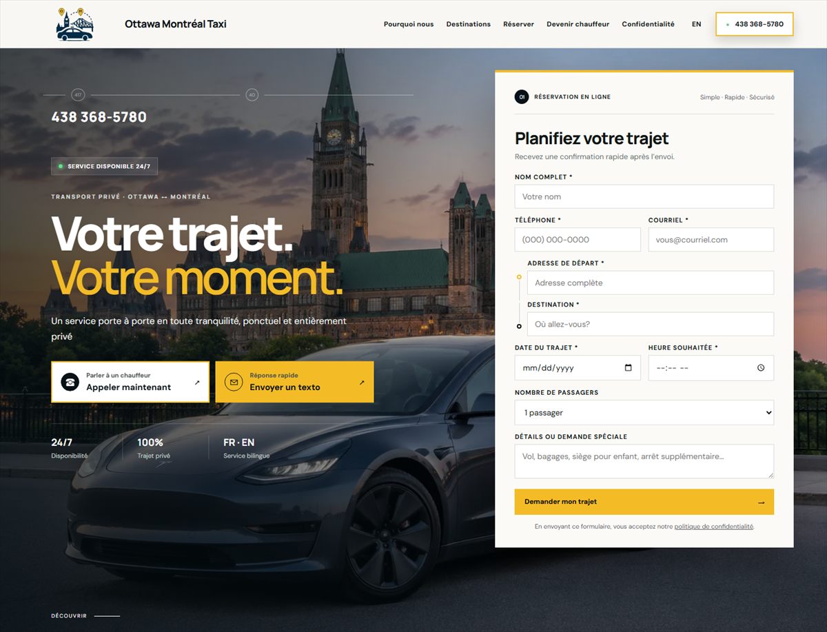 Screenshot of the Ottawa Montreal Taxi website